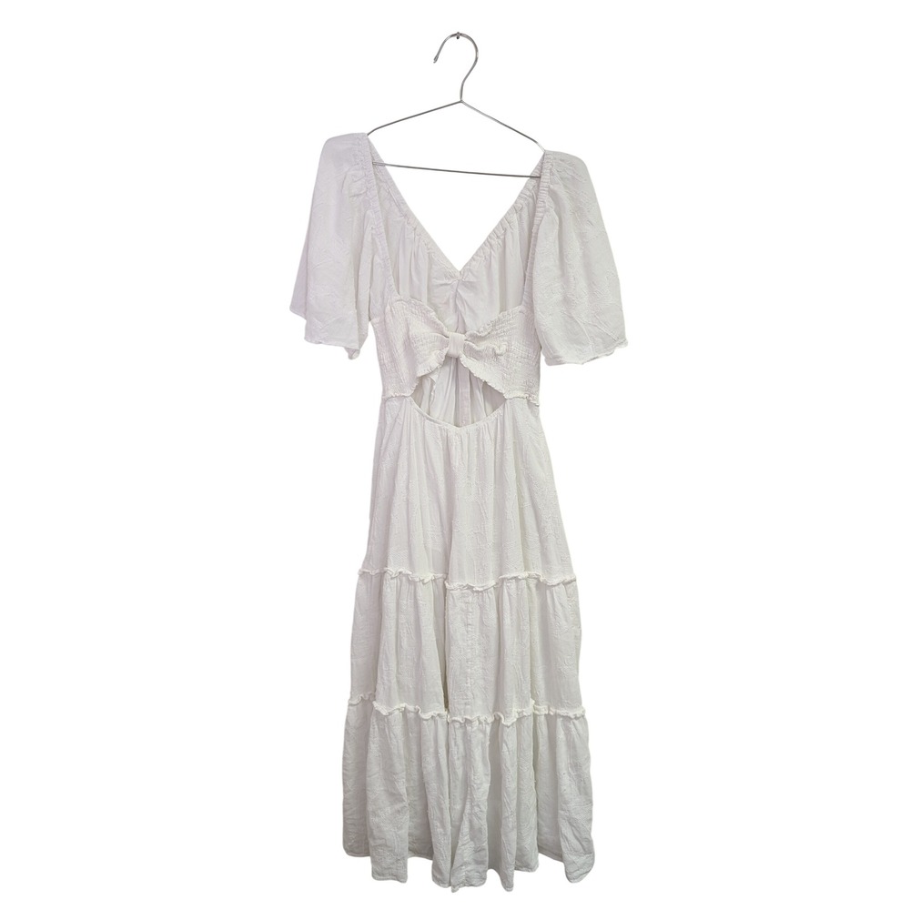 By Anthropologie Tiered Maxi Dress Flutter Sleeve Bow Back Embroidered White M - Picture 9 of 12